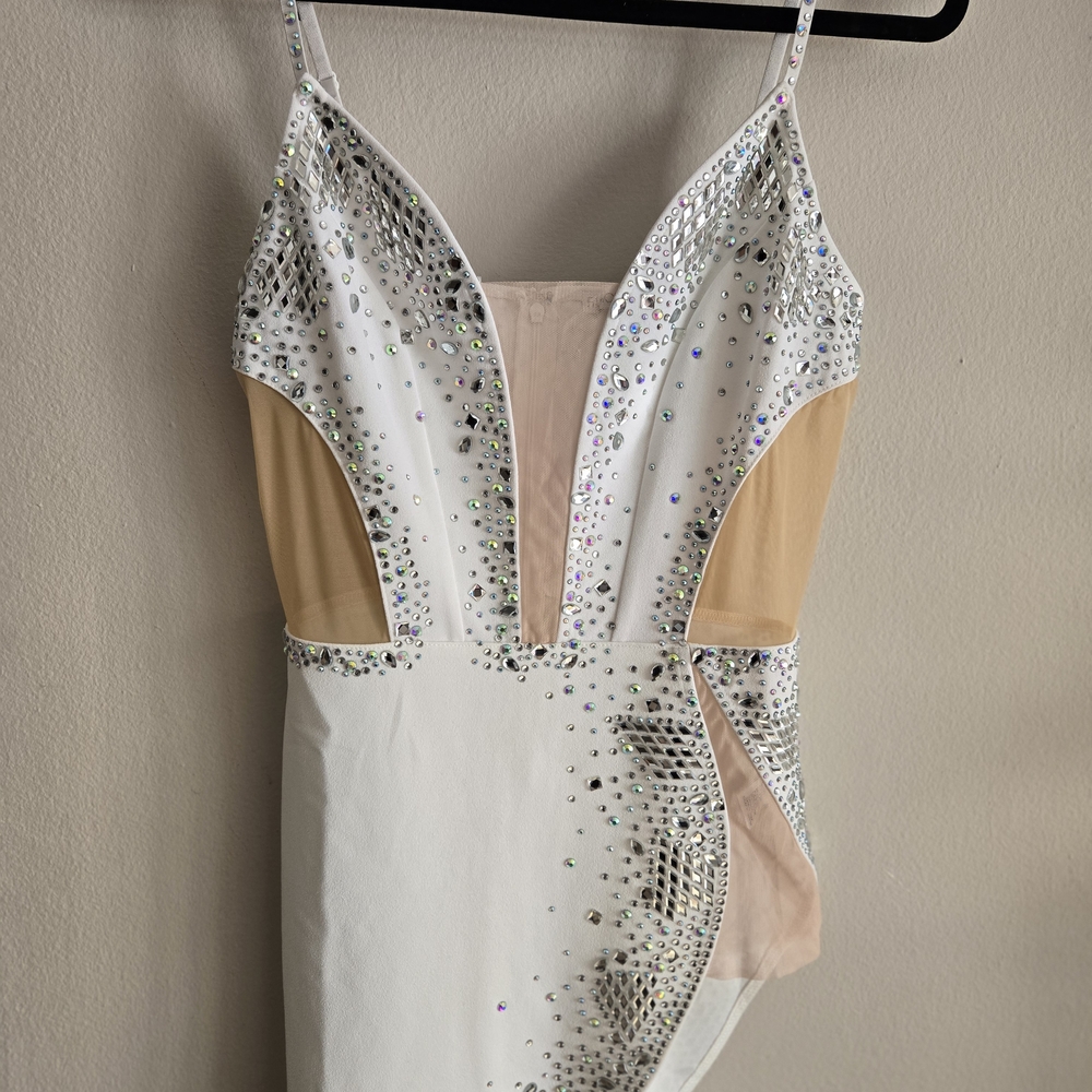 Fashion Nova White and Tan Asymmetrical Dress with Rhinestones